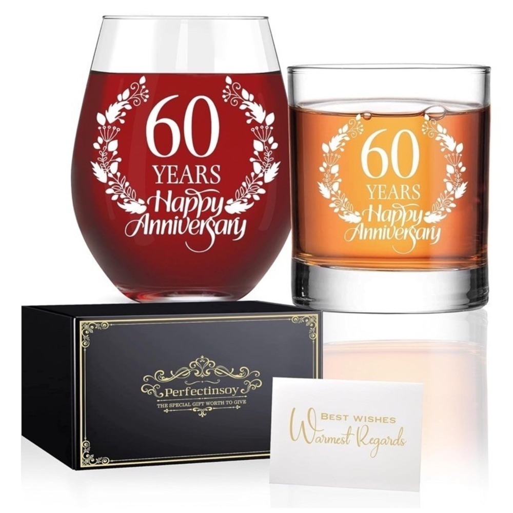 NEW Perfectinsoy 60 Years Happy Anniversary Whiskey Glass and Stemless Wine Set